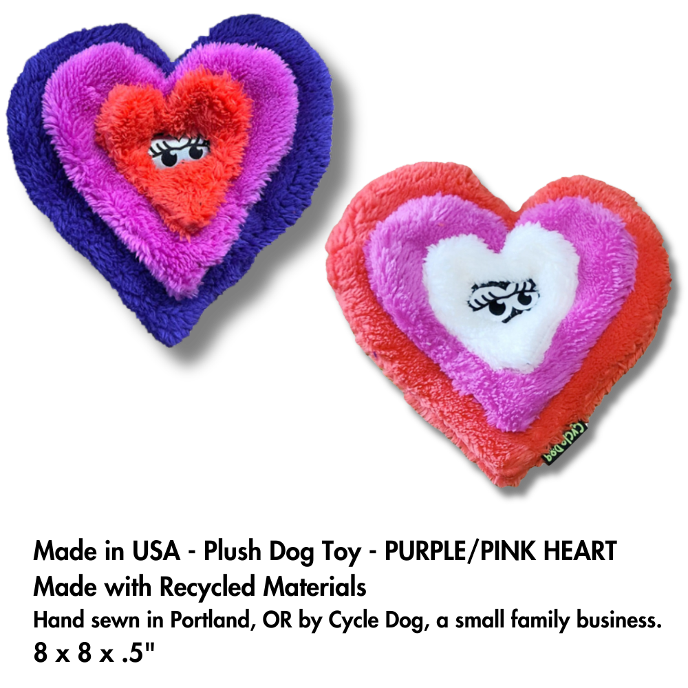 PHOTO SHOWS TWO COLOR OPTIONS FOR DOG TOY HEART - PURPLE/PINK/RED OR RED/PINK/WHITE