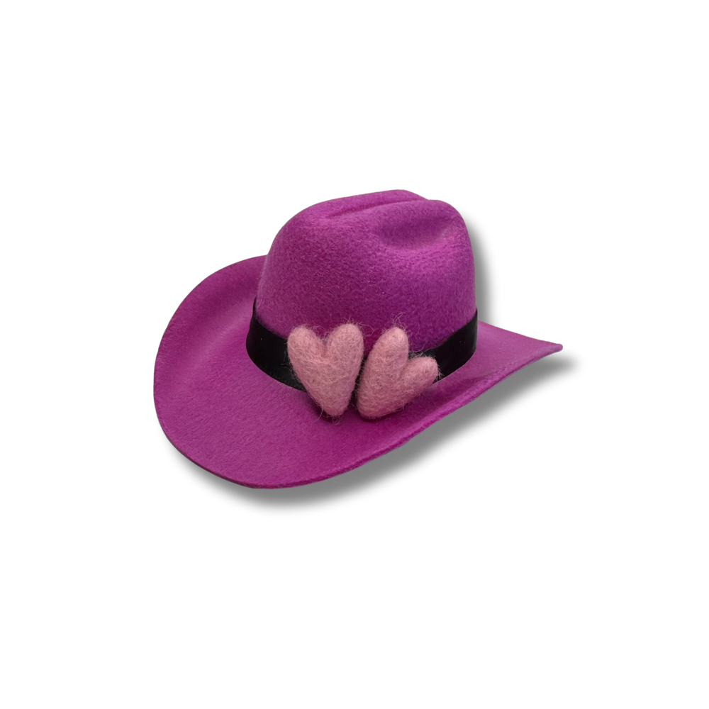 mini purple dog cowboy hat with lavender felt hearts.