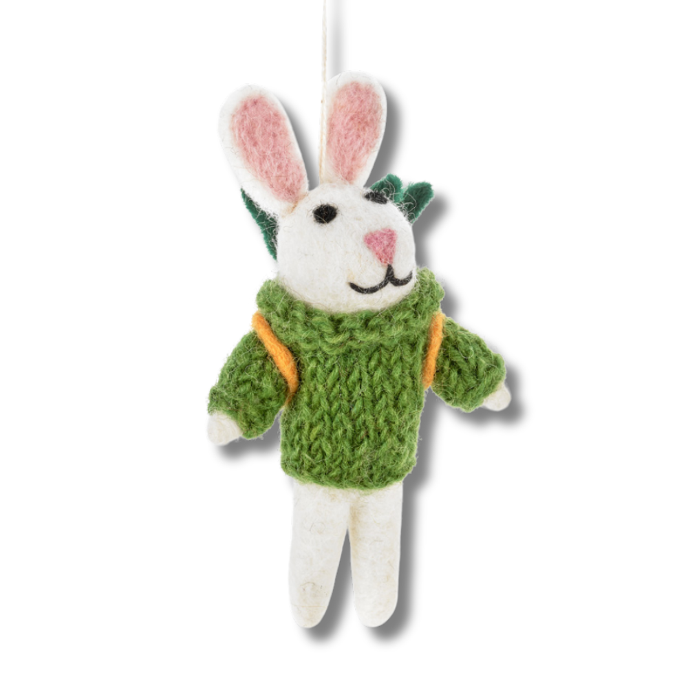 front view - white bunny wearing hand knitted green sweater - felt bunny ornament