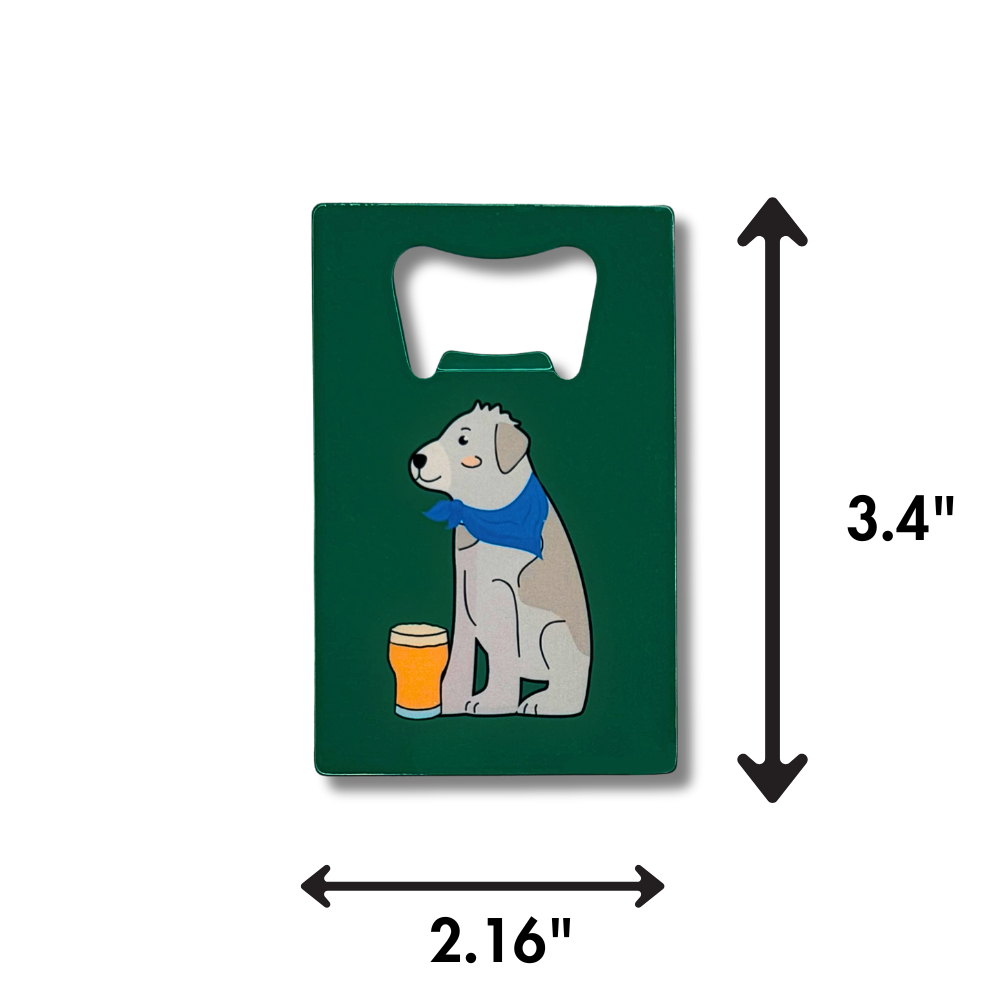 Dimensions shown for Irish Wolfhound green credit card sized bottle opener.