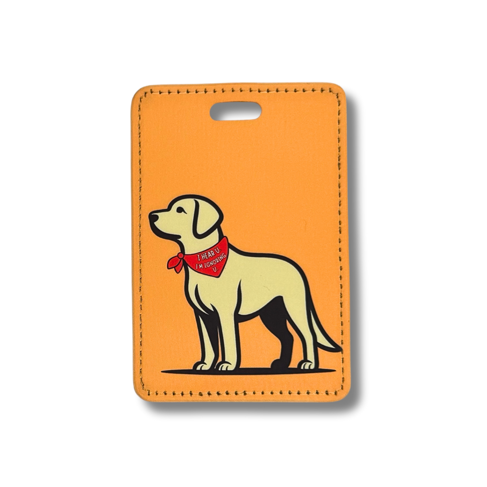 Yellow Lab Luggage Tag that has a yellow minimalist drawing of a lab wearing a funny red bandana. The Labrador Suitcase Tag background is orange.