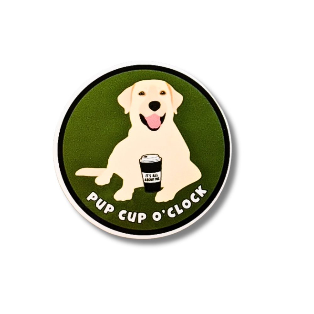Olive green circle stiicker: Yellow Lab Dog with a Pup Cup: Pup Cup O'clock