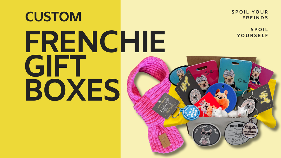 FRENCH BULL DOG GIFT BOX OVERFLOWING WITH FUN FRENCHIE KEYCHAINS, LUGGAGE TAGS, DOG TAGS, SCARF, PIN, STICKERS AND TONS OF CUSTOM PHOTO GIFTS.