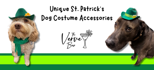 Two dogs wearing green St. Patrick’s Day cowboy hats and a green scarf, perfect festive accessories for lucky pups from The Verve Bar.