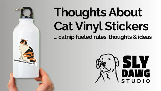 Calico cat vinyl sticker on a white water bottle, shown in a banner image for a blog about thick durable dishwasher-safe cat stickers.