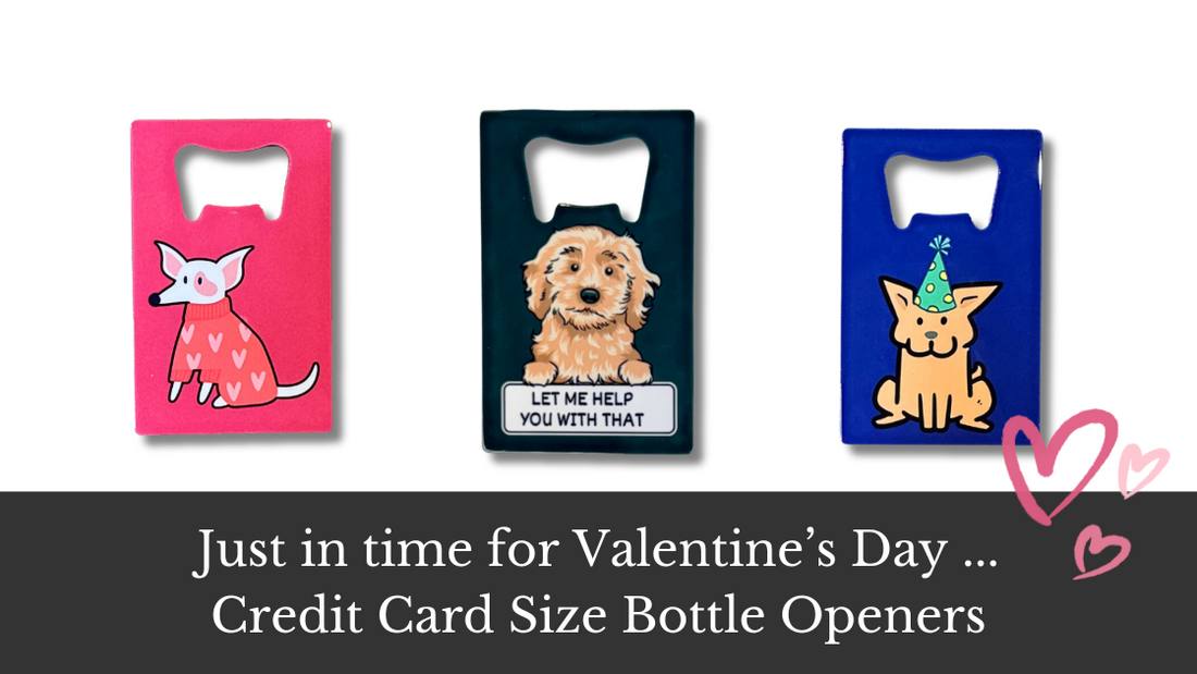 Blog cover image featuring cute dog credit card size bottle openers that fit in wallet.