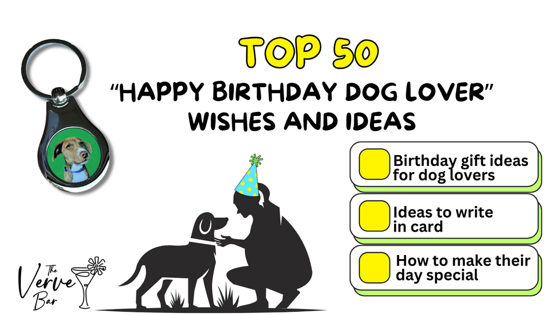 Title "happy birthday dog lover wishes and idea" with silhouette of woman wearing a party hat with dog, a custom dog keychain, and a checklist of what the article covers