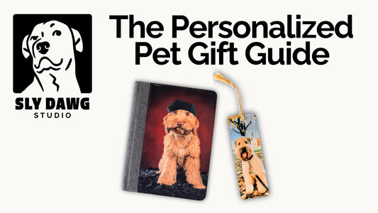 Personalized pet gift guide cover image featuring Sly Dawg Studio logo, custom dog notebook, and custom dog bookmark.