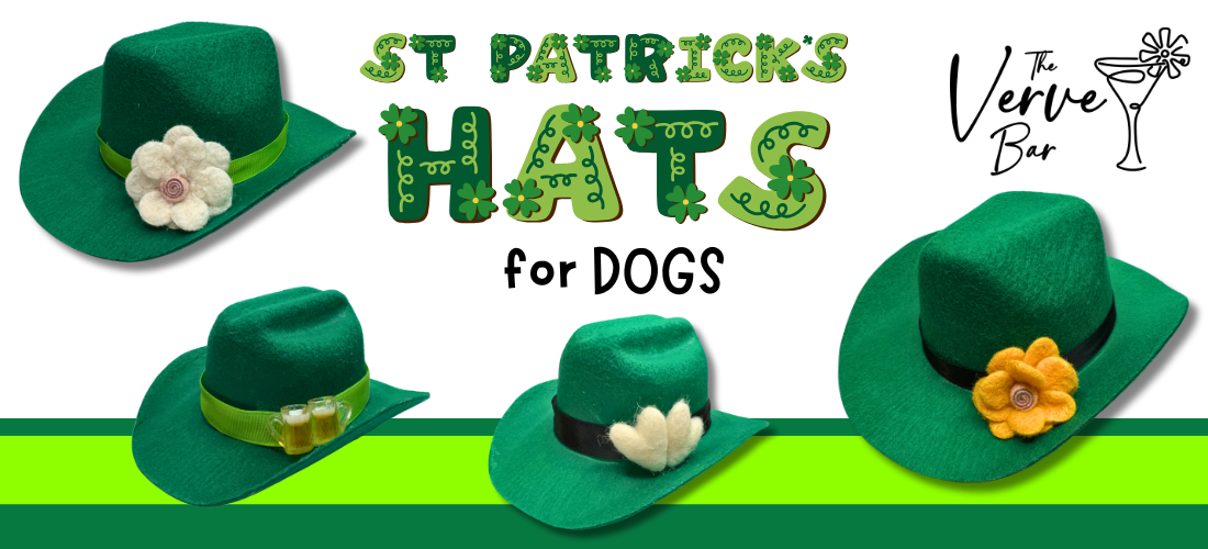 4 styles of green dog cowboy hats, the perfect st patrick hat accessories for your festive pup. The letters  for "St. Patrick's Hats" are spelled with letters decorated with green clovers.