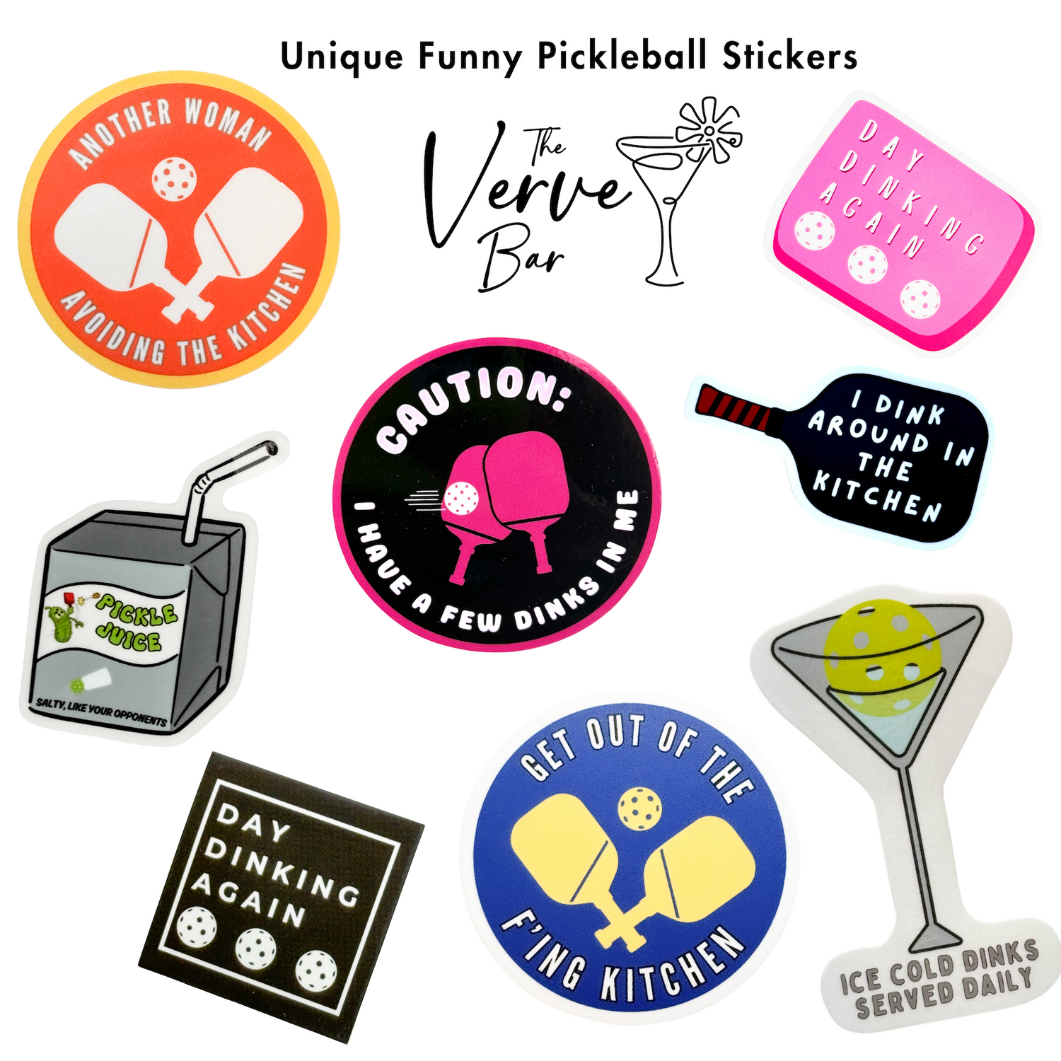 A sample of the huge selection of the best Pickleball stickers from The Verve Bar