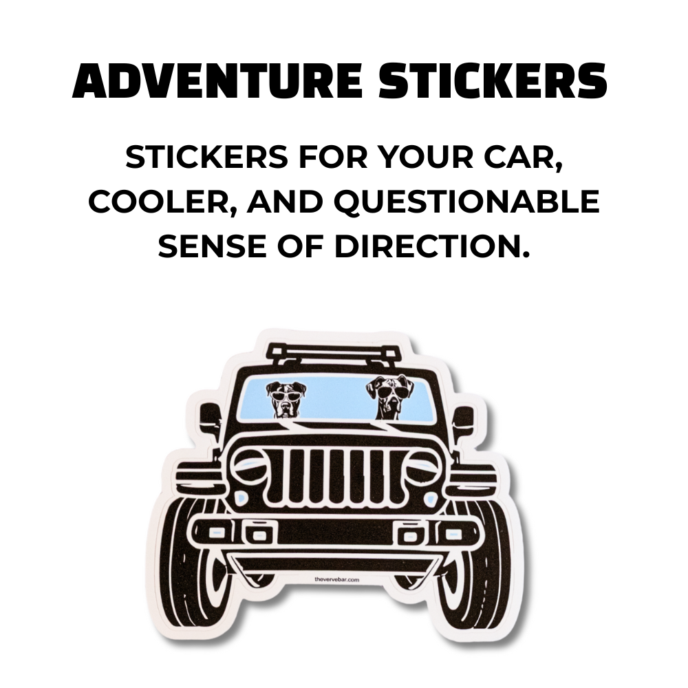Large vinyl adventure sticker for car or laptop; a great dane and pit bull driving a Jeep-type SUV