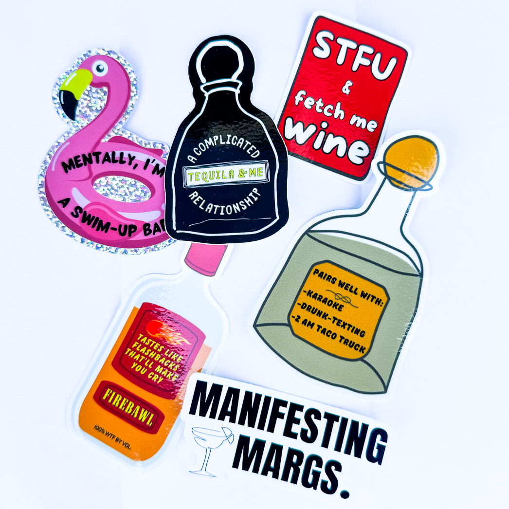 Boozy funny stickers of all shapes and sizes will bring the laughs. Pictured:  tequila bottle, flamingo swim up bar, Firebawl whiskey, sassy wine, sticker and more. Perfect for cup ID at a party.