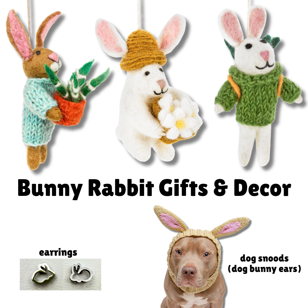 Whimsical bunny rabbit gifts and decor including felt bunny ornaments, bunny-shaped earrings, and dog snoods with bunny ears – perfect for Easter and rabbit lovers.