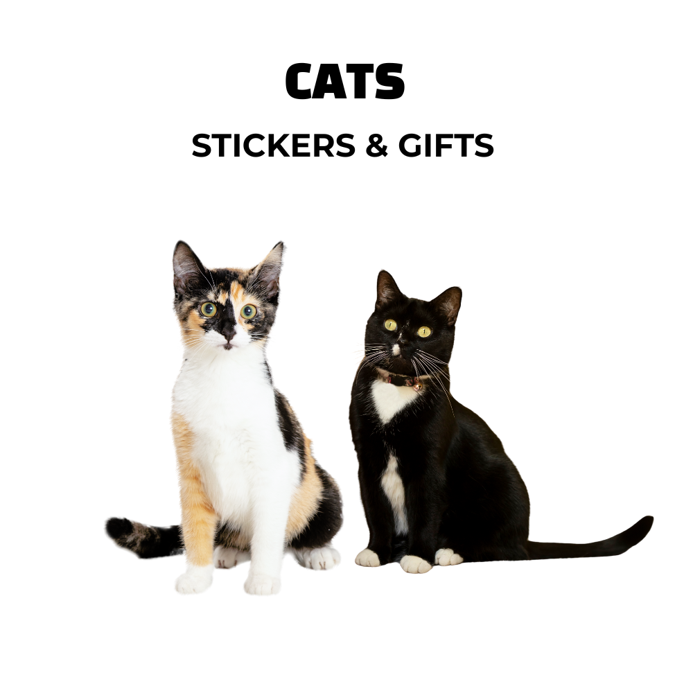 Calico Cat & Black Tuxedo cat. Text: Cats stickers and gifts