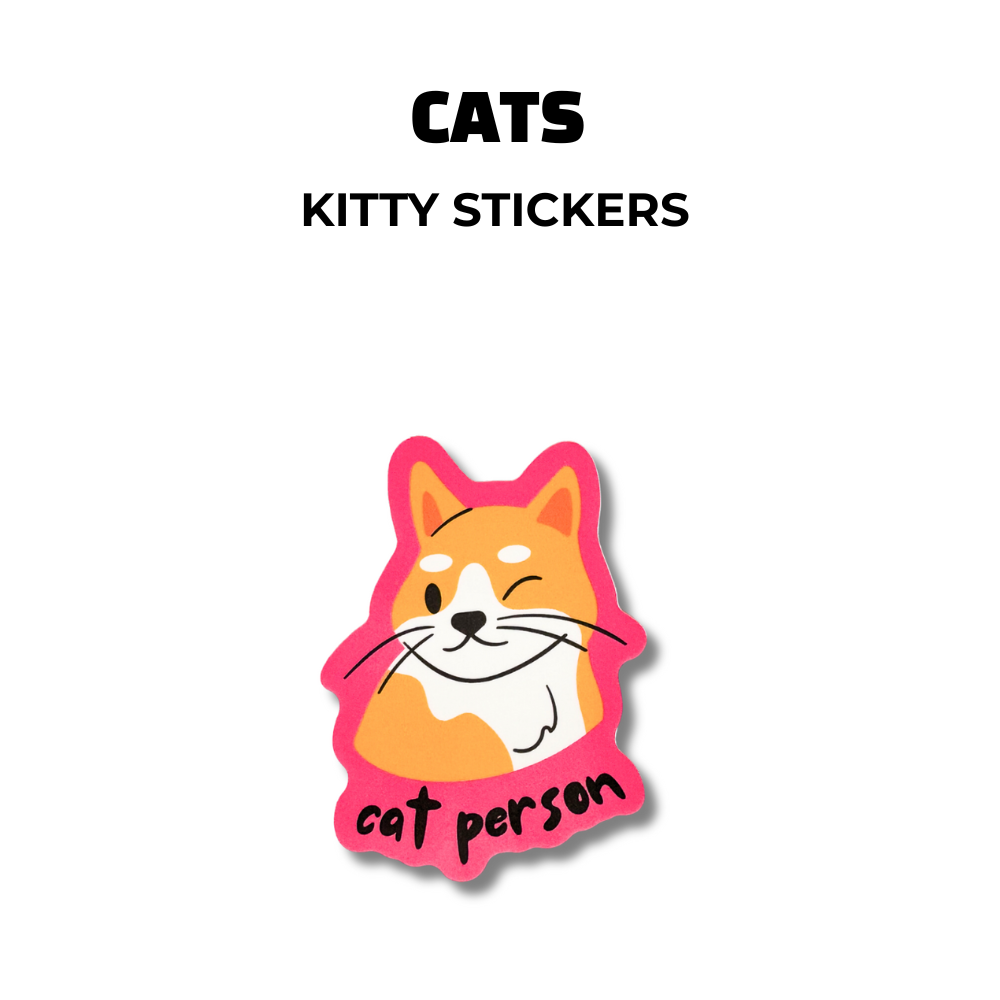 hot pink sticker with orange and white winking cat. Text: cat person