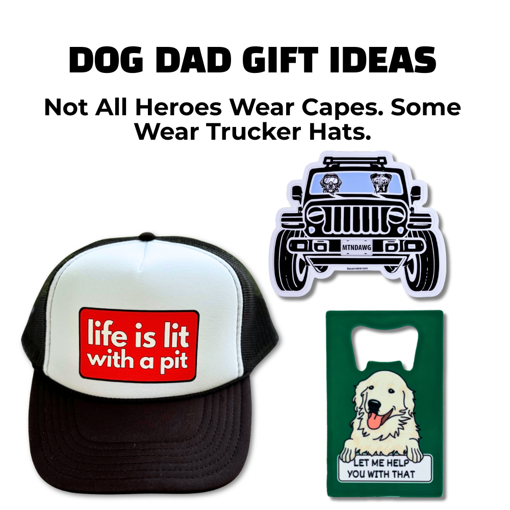 Flat lay of dog dad gifts including a trucker hat, bottle opener, and Jeep dog sticker. Bold, funny accessories for dog lovers.