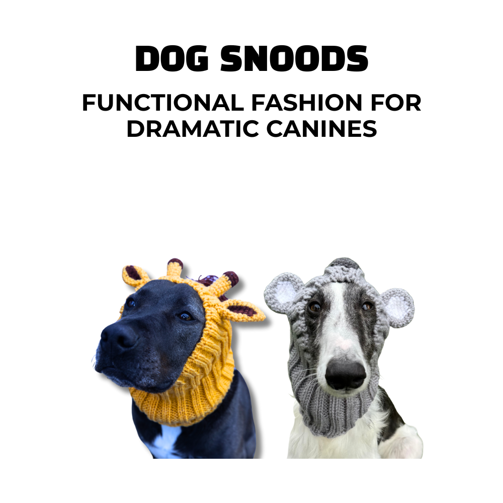 a black pit bull waring a yellow giraffe snood and a silken windhound wearing a gray koala snood