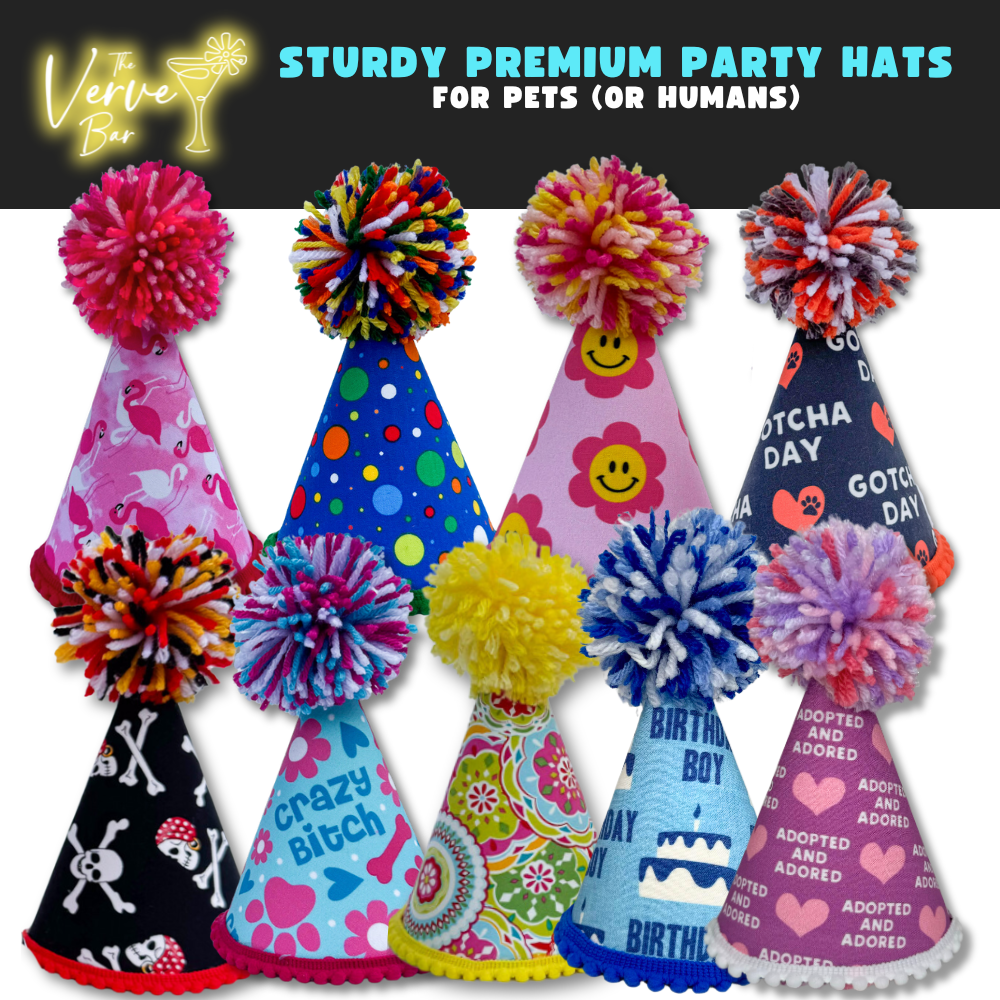 Dog Party Hats! A huge variety of colors & styles shown. Pup birthday, Gotcha Day hats for all breeds, large or small!.
