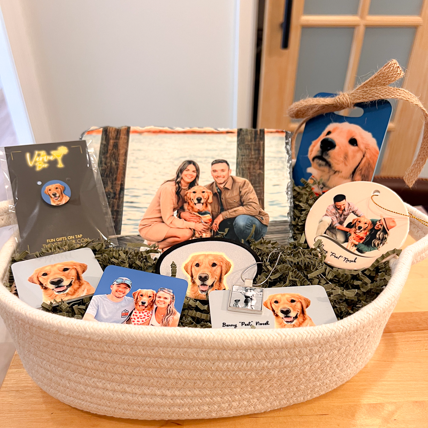 Dog gift baskets for pet owners after loss of pet. Sympathy dog gift basket with custom photo products.