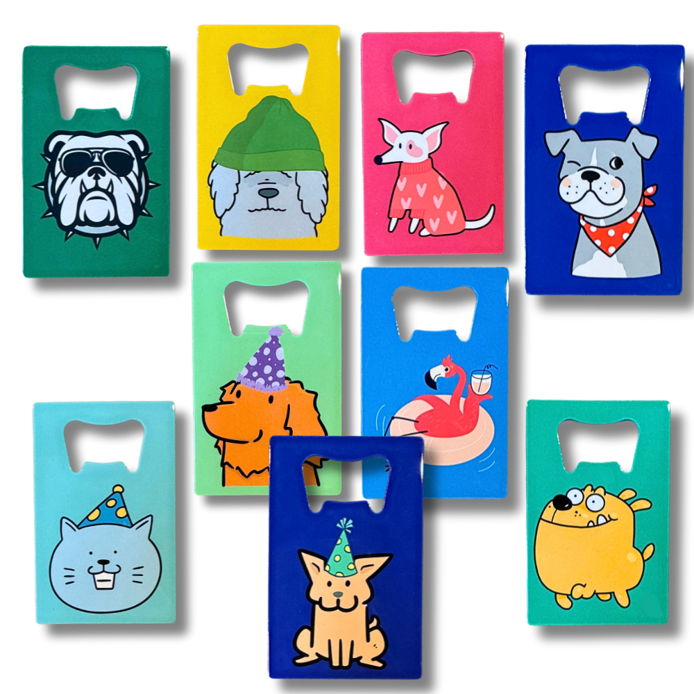 Fun credit card bottle openers featuring cute modern dogs and cats.