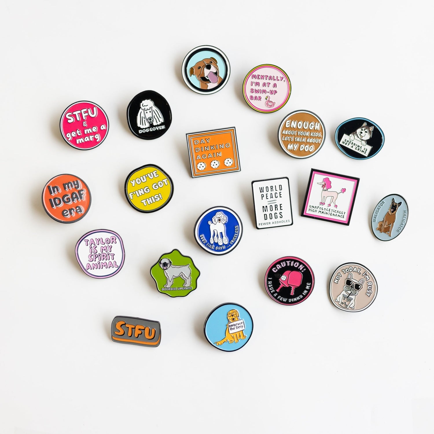 Image showing a variety of funny, cute, colorful, unique animal pins and keychains from The Verve Bar collection.