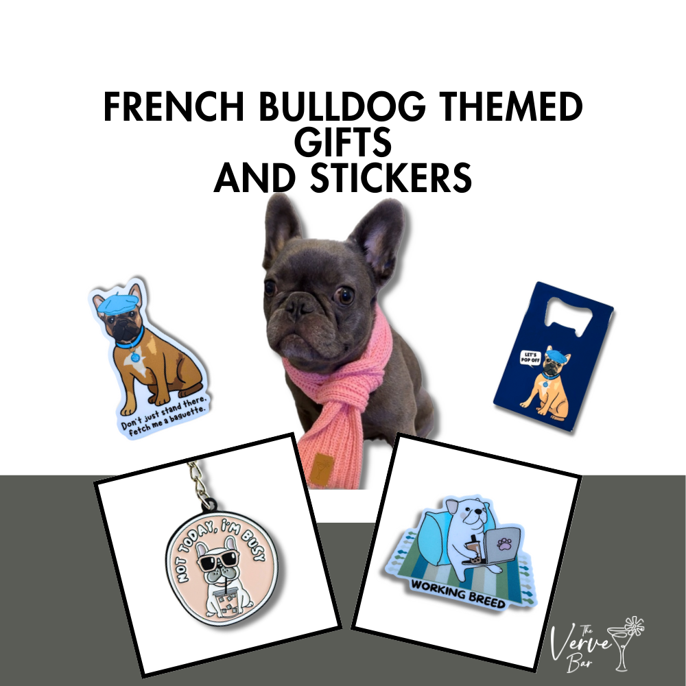 French Bulldog-themed collection with funny stickers, keychains, and bottle openers for Frenchie lovers and dog parents.