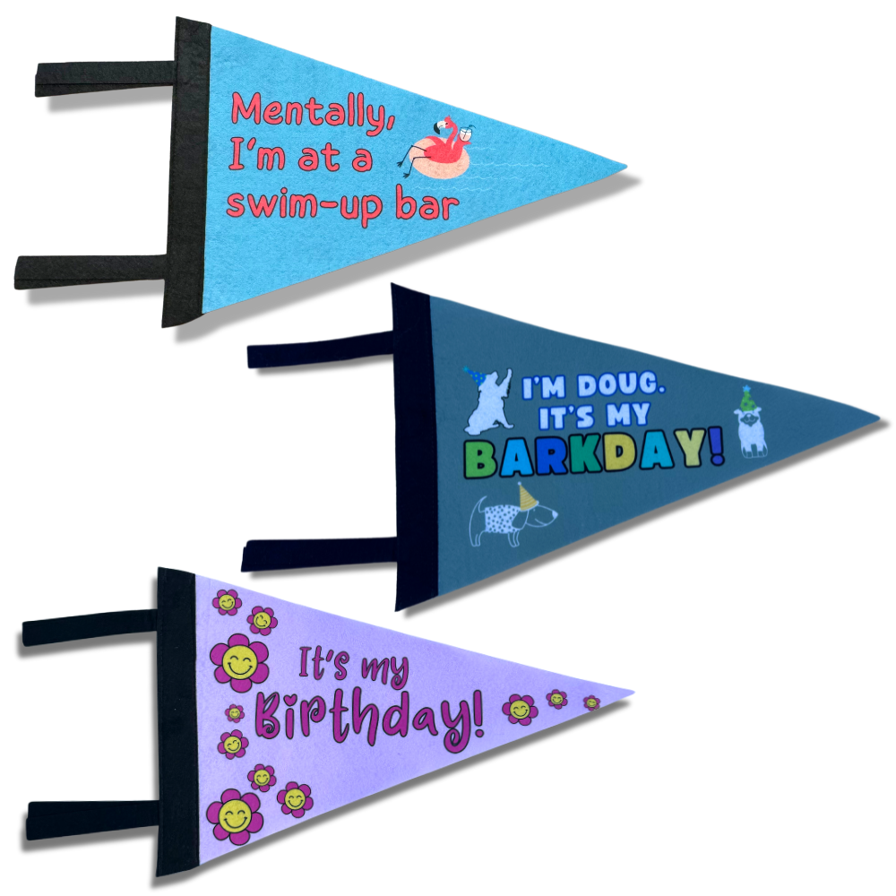 Felt pennant birthday flag, dog lover flag, and more! Top: sky blue with pink flamingo in pool float "Mentally, I'm at a swim-up bar." Middle dark gray is example of custom dog birthday decor. Bottom: Pink with smiley flowers "It's my Birhtday!"