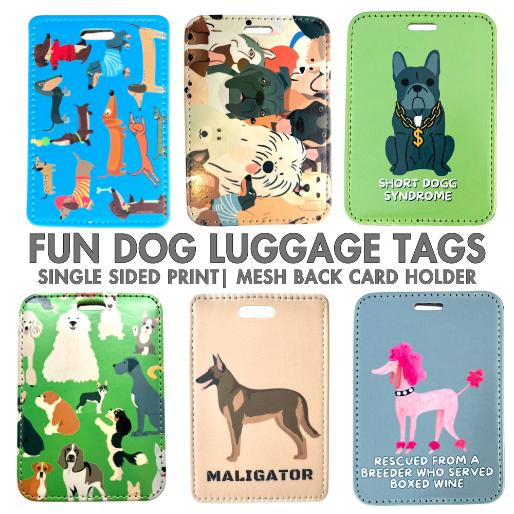 Dog themed luggage tag fun. Colorful luggage tags with a wide assortment of colors and dog breeds. Printed faux leather front and mesh card holder back.