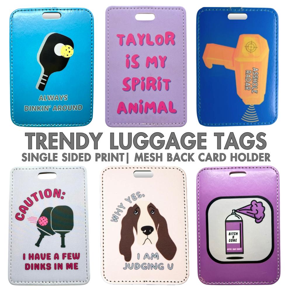 Six colorful examples of our fun, unique trendy luggage tags. A fun "luggage tag for bag" makes a great gift!