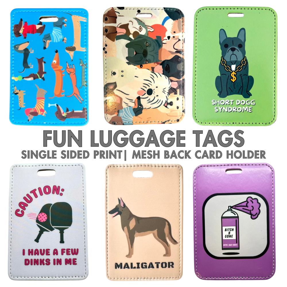 Images of 6 examples of our colorful fun luggage tags. The perfect travel gift accessories.