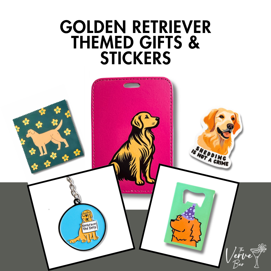 A playful Golden Retriever-themed collection featuring funny decals, colorful keychains, and quirky bottle openers perfect for dog lovers.