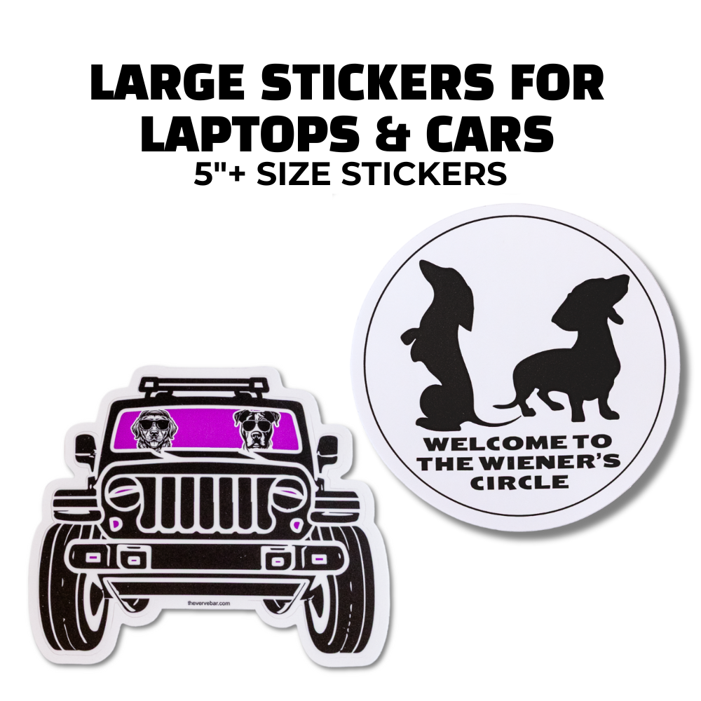 Large vinyl dog stickers for laptops or cars. Features Jeep sticker with dogs and round dachshund sticker with “Wiener’s Circle” text.