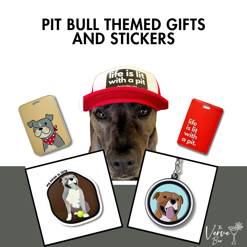 Pit Bull-themed gifts and stickers collection with decals, keychains, and luggage tags designed for dog lovers and Pit Bull parents.