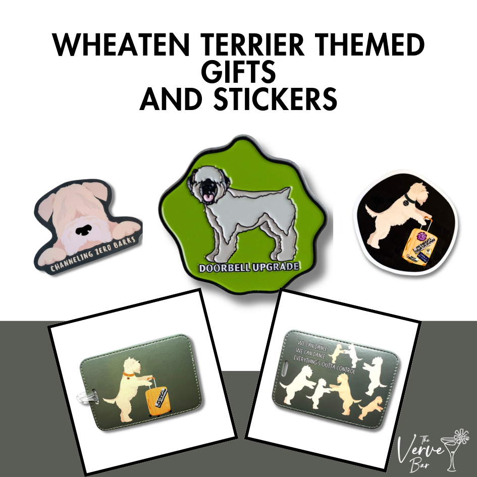 Wheaten Terrier-themed gifts and stickers collection with fun decals, keychains, and accessories for dog parents.