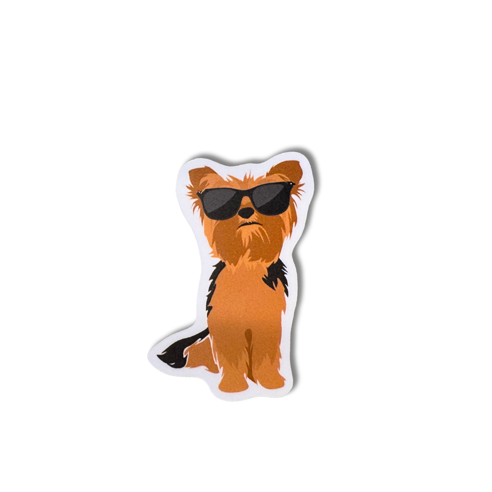 Funny vinyl sticker of a Yorkshire Terrier wearing black sunglasses with a confident pose

