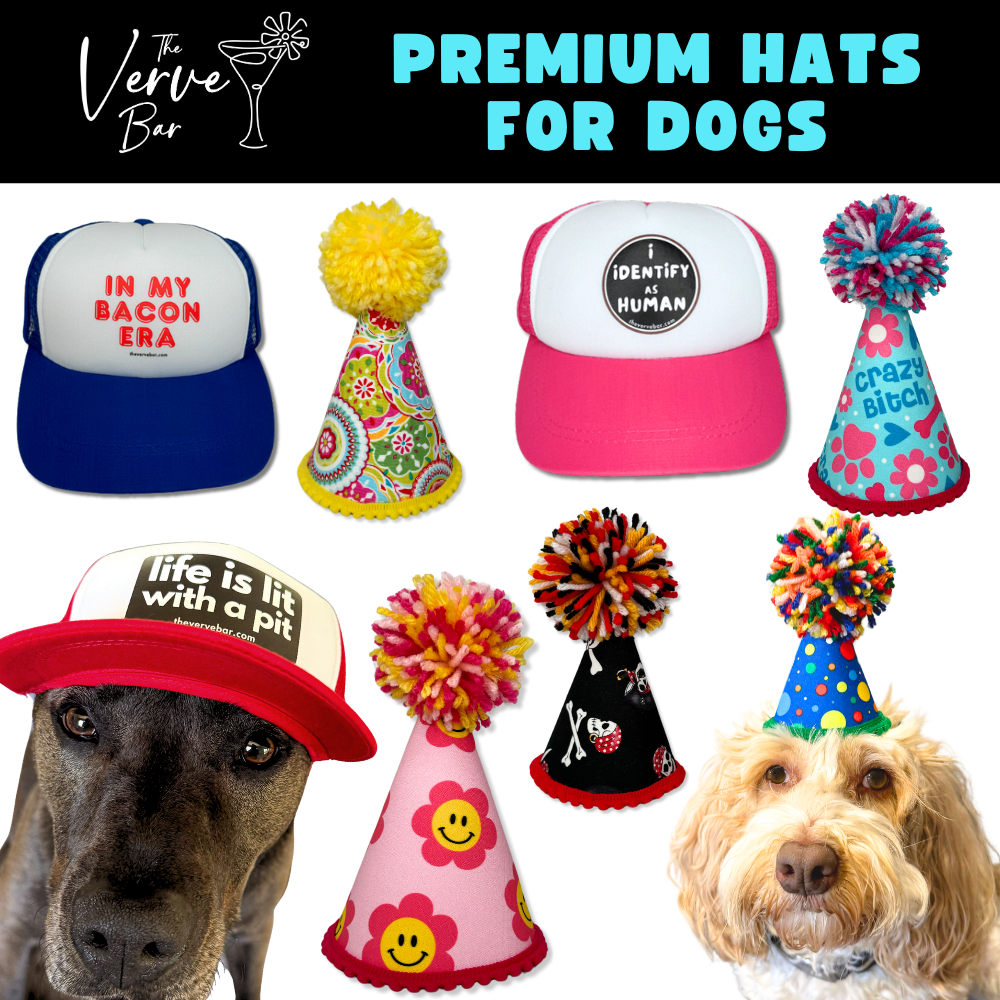 EXAMPLES OF OUR PREMIUM HATS FOR DOGS FOR PUP PARTY OR BASEBALL HAT.