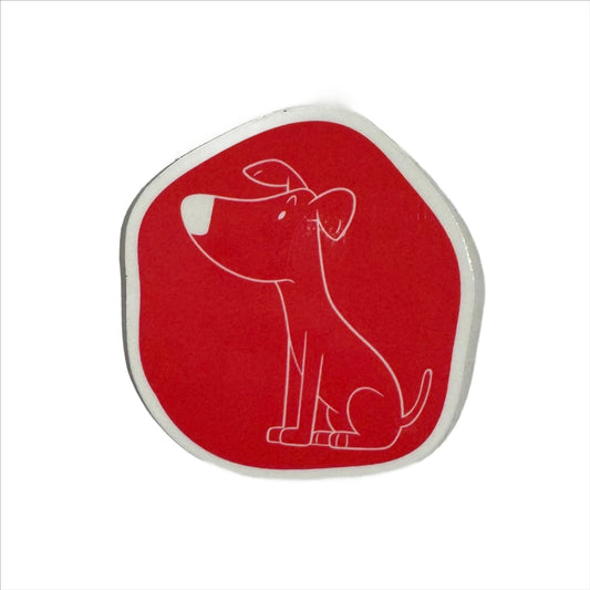 Cute dog sticker. Red irregular circle background with white cartoon line drawing of a puppy. 