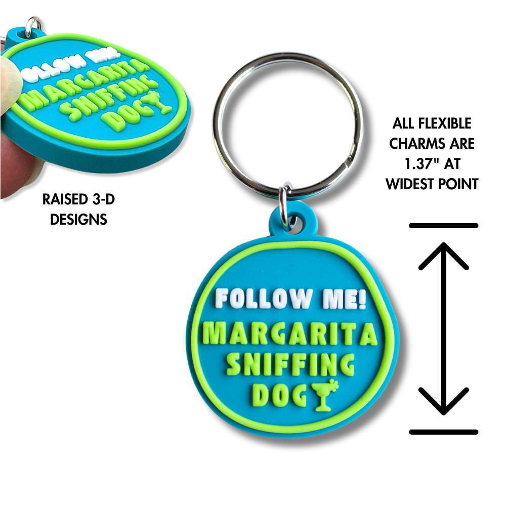 3-D raised letter round turquoise and neon green dog collar charm with drinking humor "follow me, margarita sniffing dog" This image shoes profile and size chart (1.37" diameter"