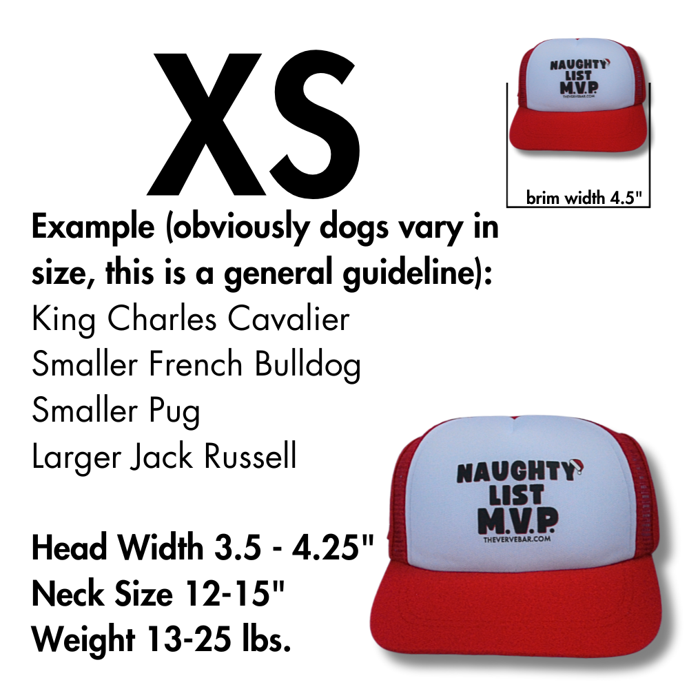 Pup Lids Christmas hat sizing info for XS - for the second smallest dog breeds. Image of Red and White trucker hat for dogs also in the image.