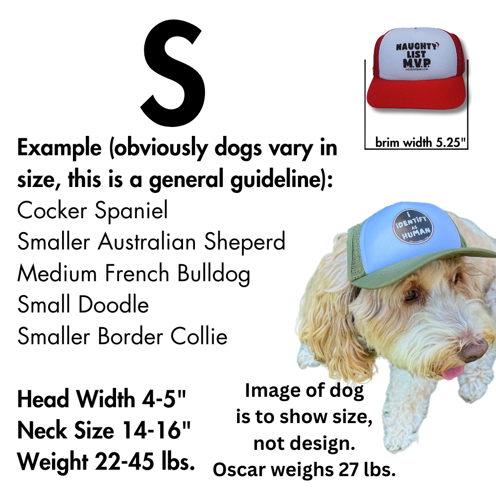 Pup Lids Christmas hat sizing info for Small- for small/medium breeds. Image of Red and White trucker hat for dogs also in the image.  There is also a photo of a 27 pound labradoodle modeling a different design size small dog hat.