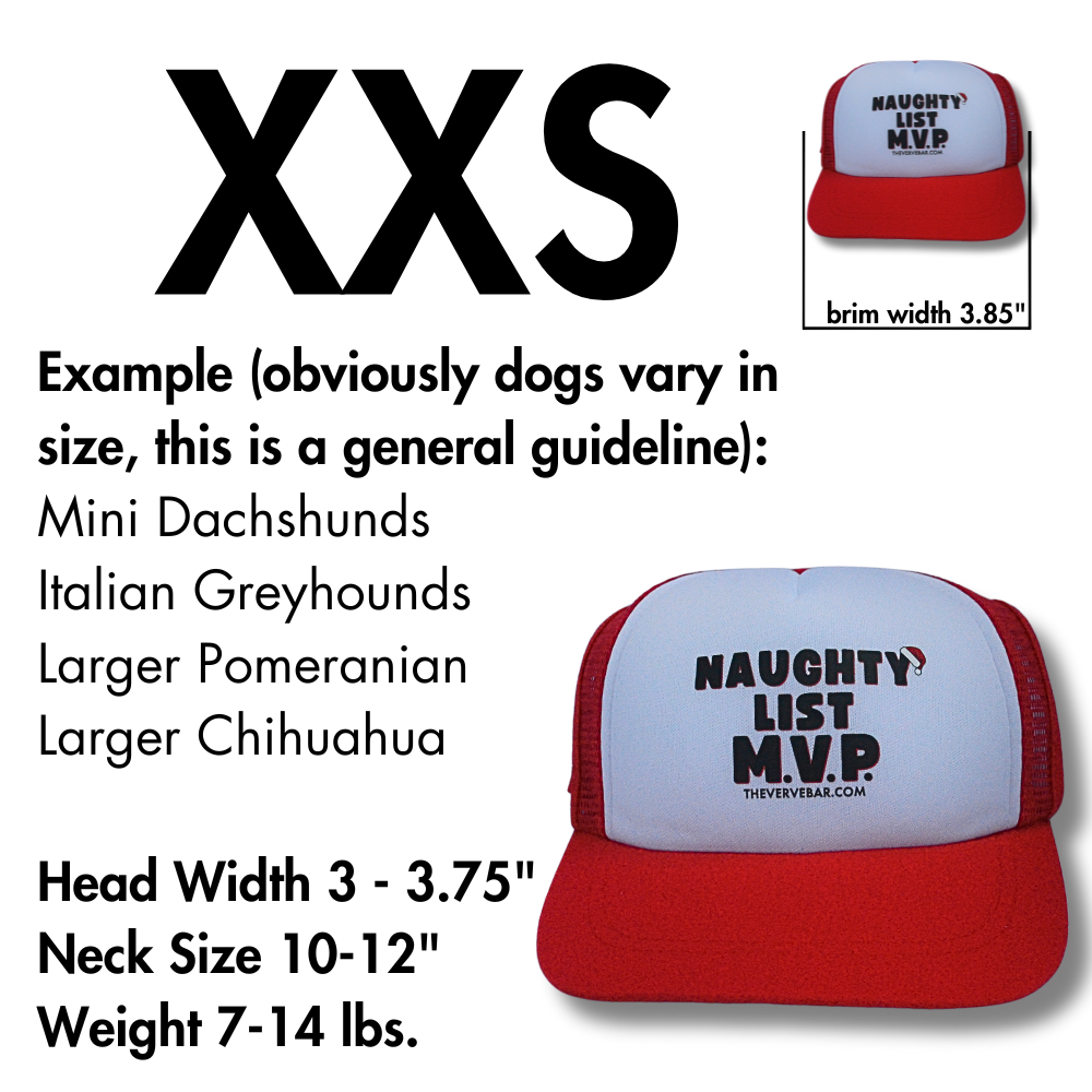 Pup Lids sizing info for XXS - for the smallest dog breeds. Image of Red and White trucker hat for dogs also in the image.