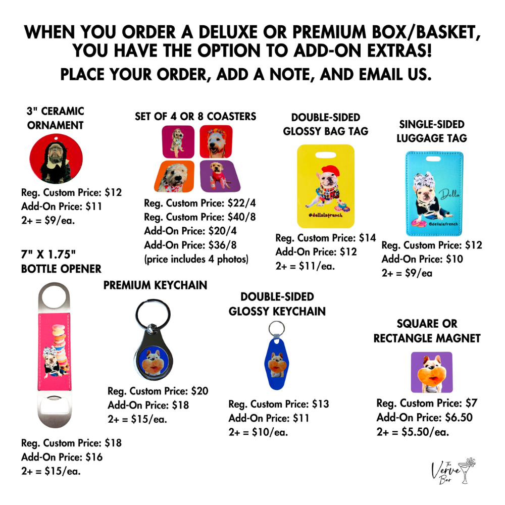DELUXE and PREMIUM BASKET add on options  - custom pet photo gifts price list 