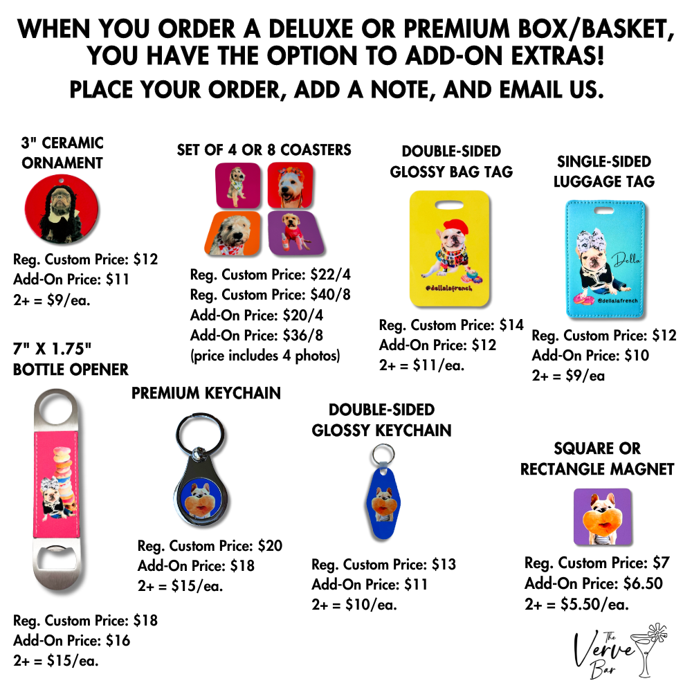 price list for add-on photo gifts to any of the deluxe or premium baskets