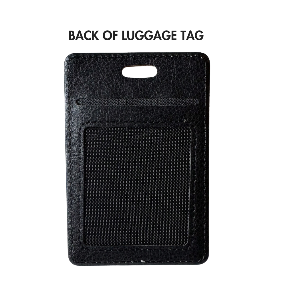 backside of funny dog luggage tag - black faux leather and black mesh pocket for ID