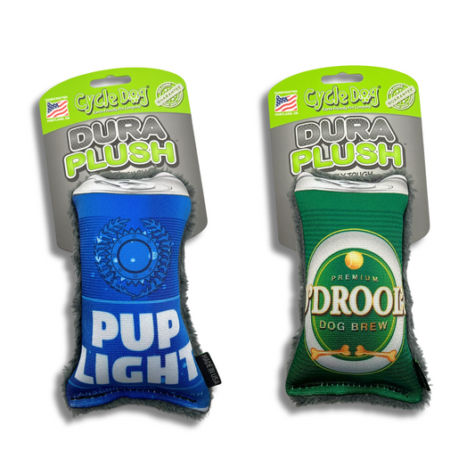 shows 2 options of beer can dog toy: blue Pup Light or green O'Drools