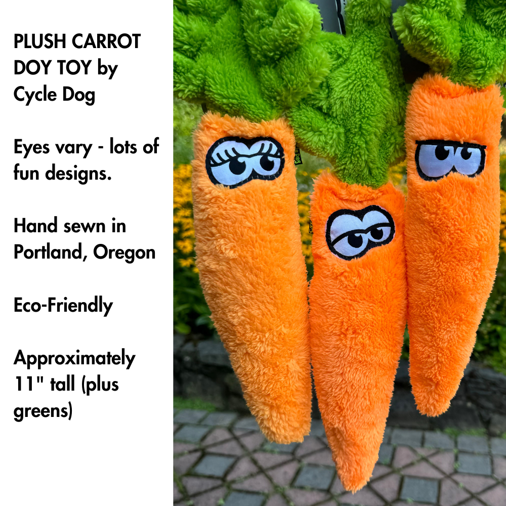 3 Cycle Dog Carrot Dog Toys - Plush orange carrot with Fluffy Greens on top. In photo, all three carrots have different eye expressions.