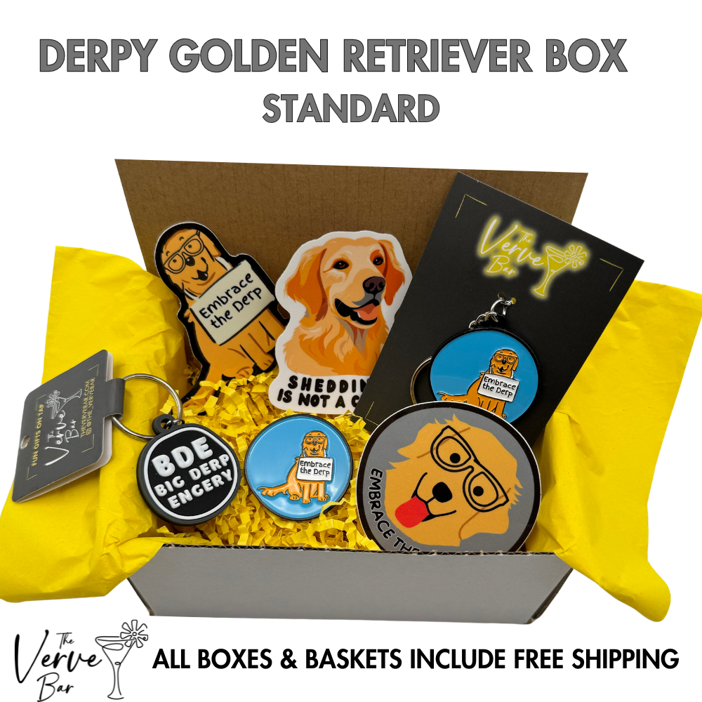 derpty golden retriever gift box filled with BDE Big Derp Energy dog tag, derpy golden retriever keychain, golden retriever pin, derpy dog stickers.