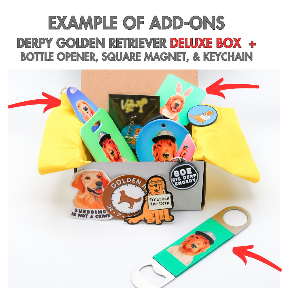 Example of 3 items added onto a Deluxe Box. Arrows point to custom pet keychain, custom pet magnet, and custom golden retriever bottle opener