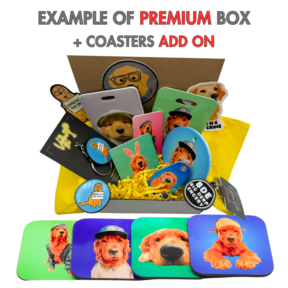 Example of Custom pet drink coasters added onto premium golden retriever gift box.