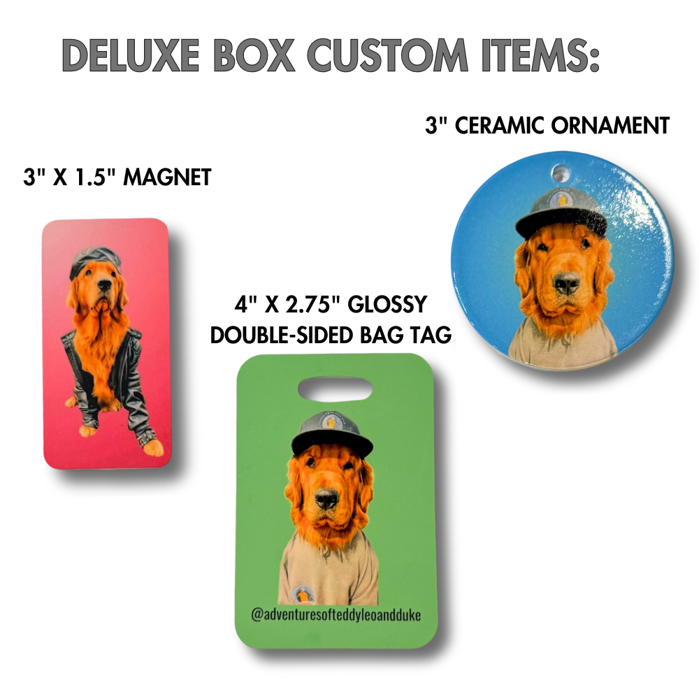 photo of cusstom items that come with the DELUXE Derpy Golden Retriever Gift Box: custom magnet, custom pet ornament, custom pet bag tag 